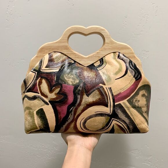 Abstract Print Cowhide Leather Handmade Wooden Frame Bag Includes 2 Strap Styles - Picture 6 of 16